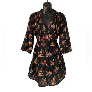 Pure Energy Black Floral Pintuck Tie Back Split Neck Blouse